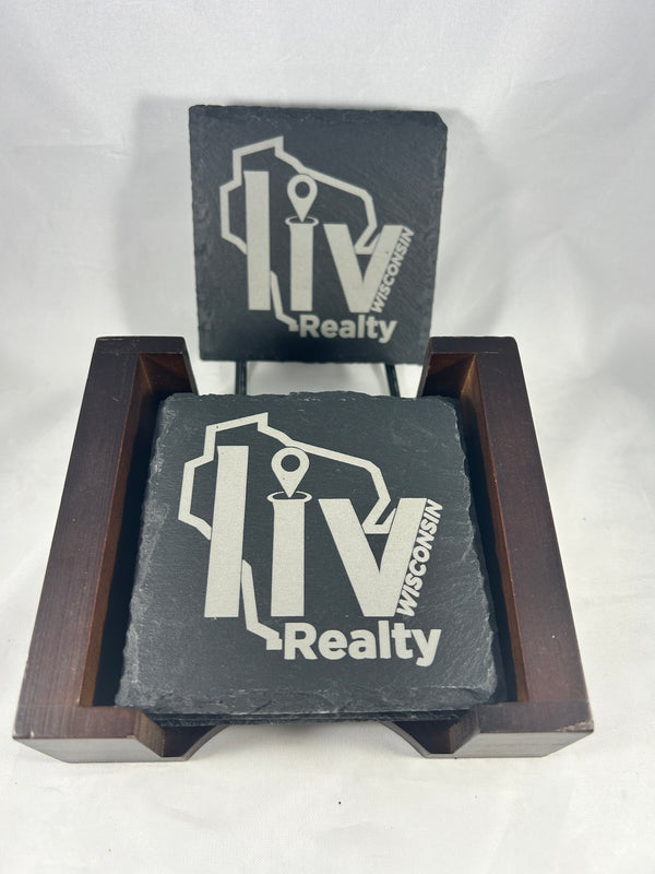 LIV Wisconsin Realty custom slate coaster set with wood holder