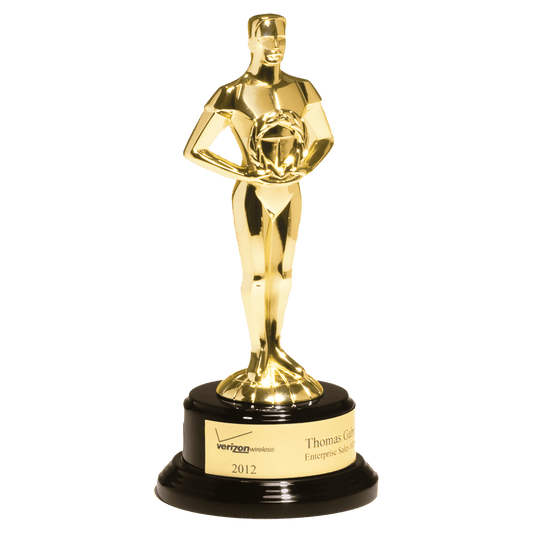 11" Cast Metal Goldtone Finish Classic Achiever Figure on a Black Piano Finish Base with a Gold Flex-Brass Plastic Plate