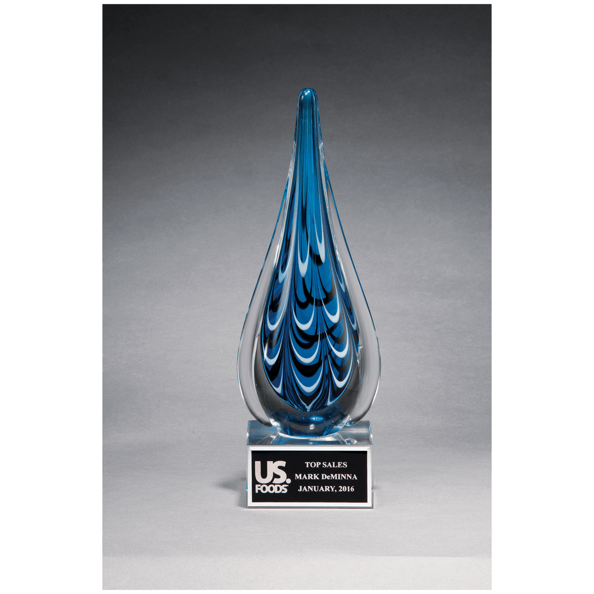 Blue and Black Teardrop Art Glass on Clear Glass Base with Black 10" Laserable Aluminum Plate