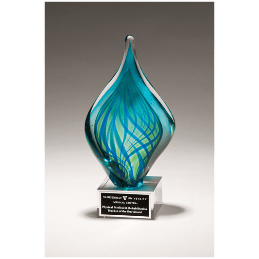 8 3/4" Blue and Green Twist Art Glass on Clear Glass Base with Black Laserable Aluminum Plate