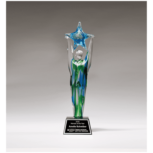 11 1/2" Star Achiever Art Glass on Clear Glass Base with Black Laserable Aluminum Plate