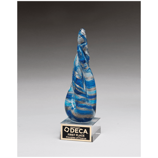 8 3/4" Twist Blue & Teal Art Glass with Gold Metallic Accent on Clear Glass Base and Black Laser Aluminum Plate