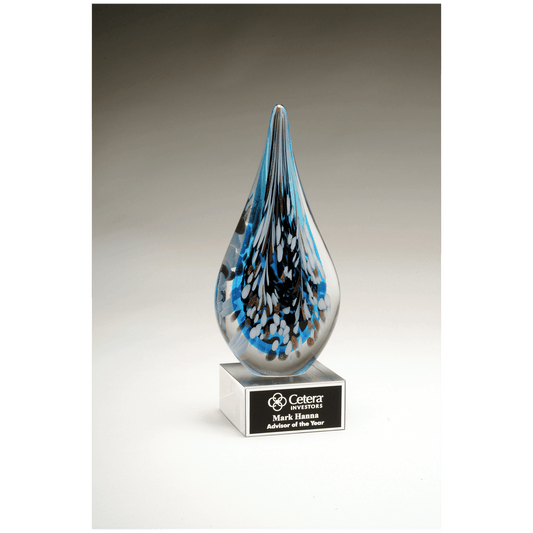 Multi-Colored Teardrop Art Glass on Clear Glass Base with Black 10" Laserable Aluminum Plate