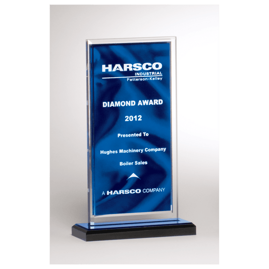 5" x 7 1/2" Dark Blue Draped Satin Patterned Acrylic with Silver Mirror Border, Black with Blue Top Base