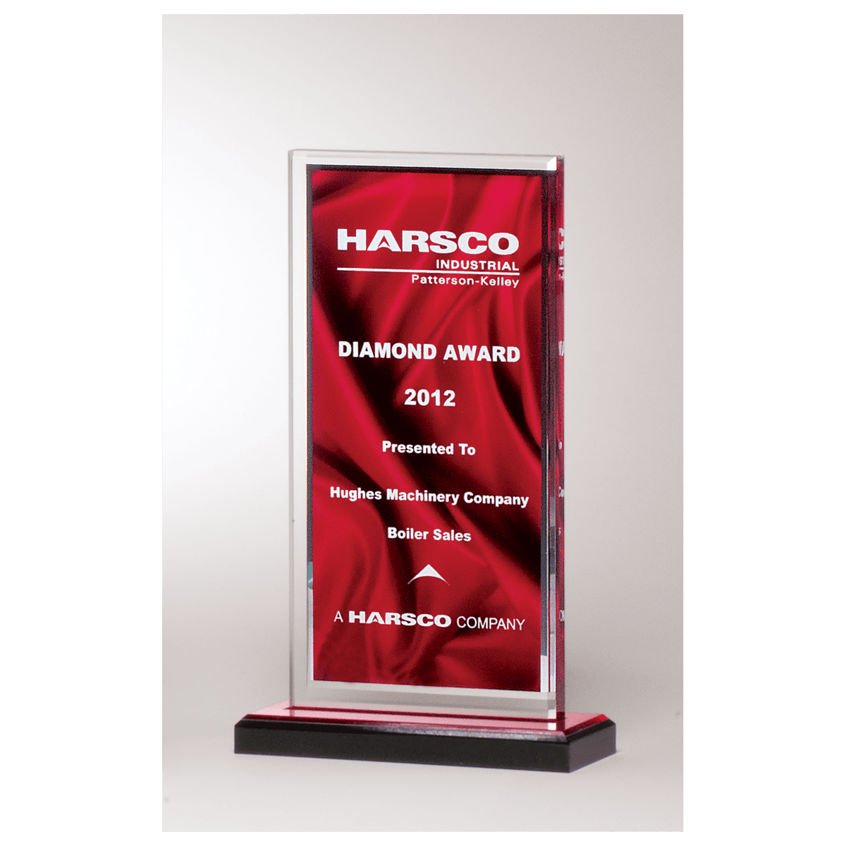 5 x 7 1/2" Deep Red Draped Satin Patterned Acrylic with Silver Mirror Border, Black with Red Top Base