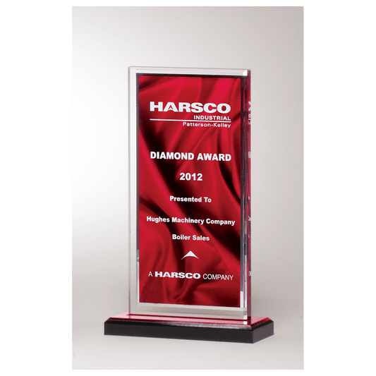 5 x 8 1/2" Deep Red Draped Satin Patterned Acrylic with Silver Mirror Border, Black with Red Top Base