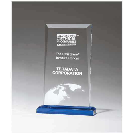 6 x 9 3/4" Apex Series Clear Acrylic Award with Blue Highlights and Blue Base