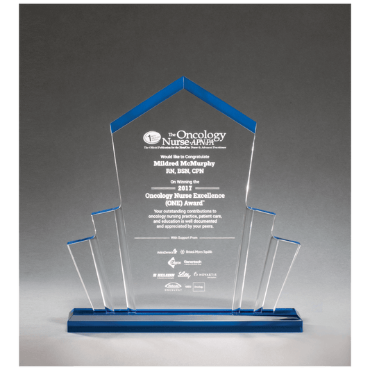 10" x 10 3/4" Large Tower Spotlight Clear Acrylic with Blue Accent on Blue Acrylic Base
