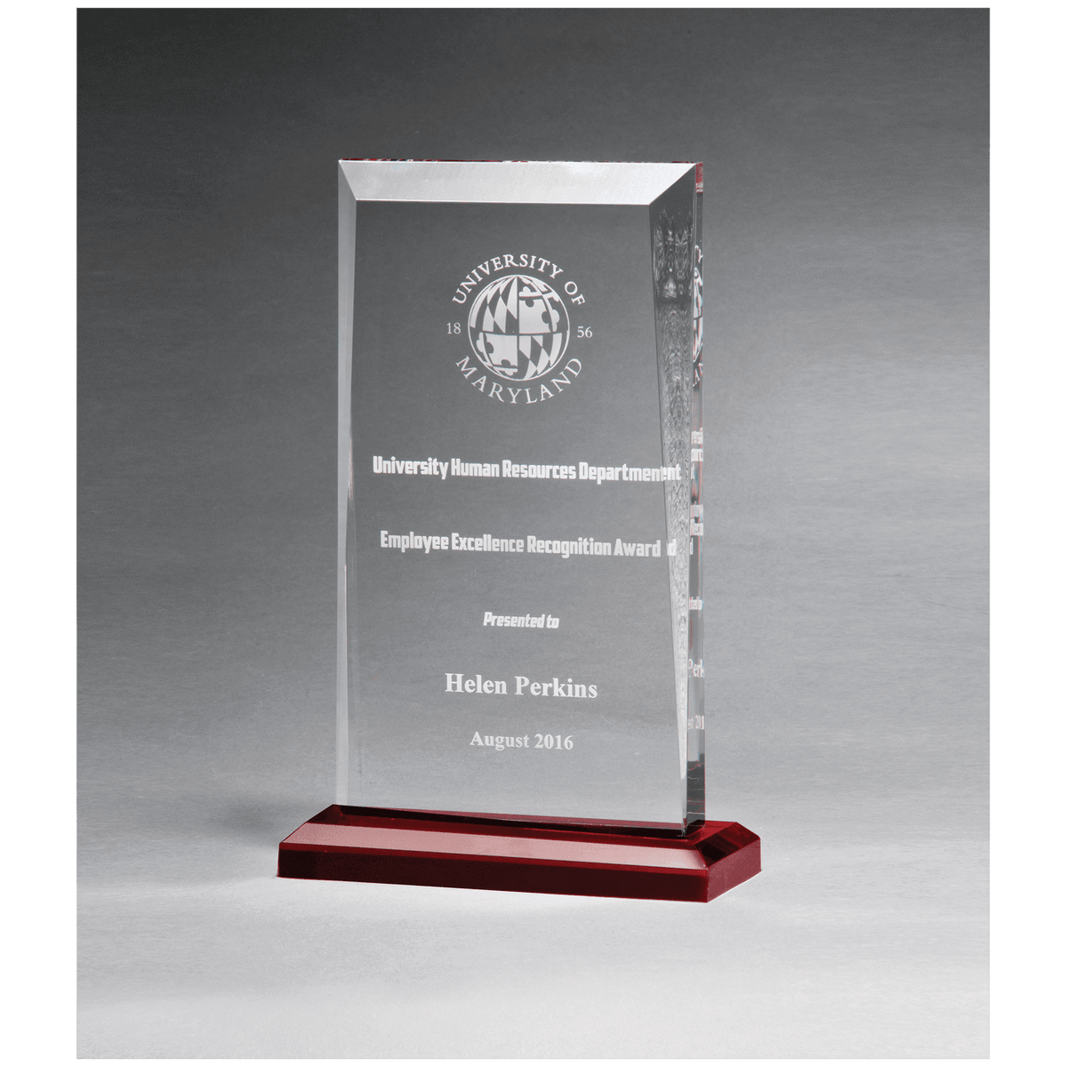 Clear Acrylic Award with Red Highlights and Red 5 1/2" x 8 3/4" Apex Series Base