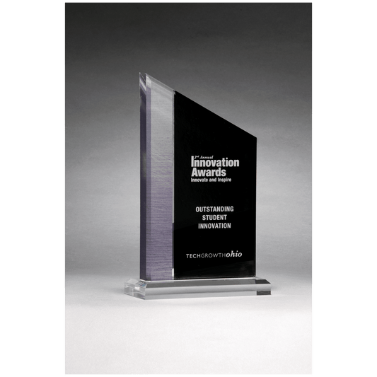 6" x 10" Digitally Printed Brushed Silver Accent on Black Upright Acrylic with Clear Base
