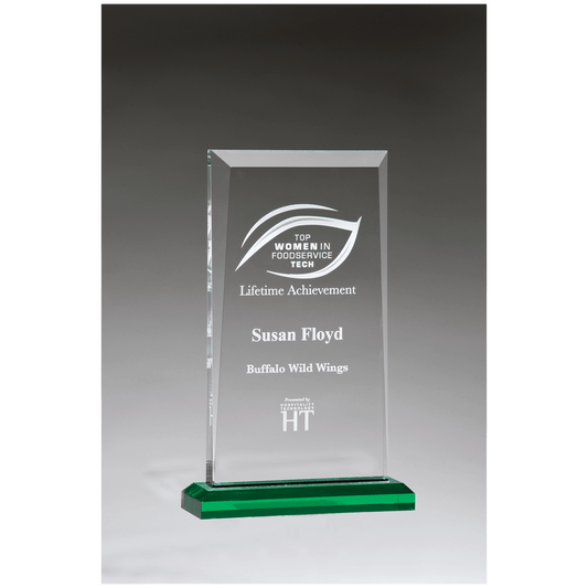 5 1/2" x 8 3/4" Apex Series Acrylic Award with Green Highlights and Green Base