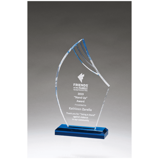 4 7/8" x 8 3/4" Flame Series Clear Acrylic with Blue Accents and Matching Blue Acrylic Base