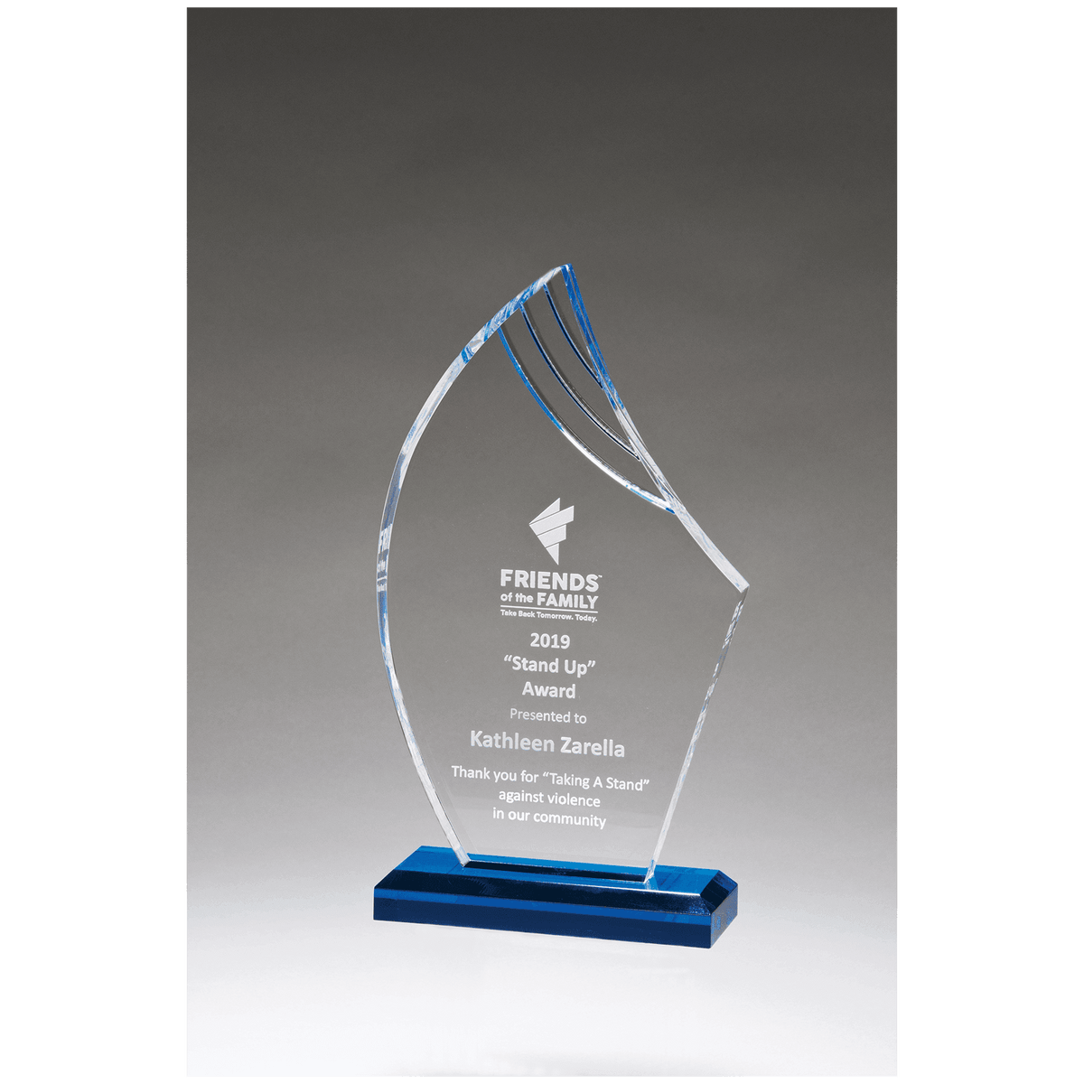 5 1/2 x 9 3/4" Flame Series Clear Acrylic with Blue Accents and Matching Blue Acrylic Base