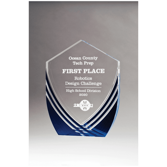 7 3/8" x 9 1/2" Shield Series Clear Acrylic with Polished Score Lines and Blue Metallic Accent