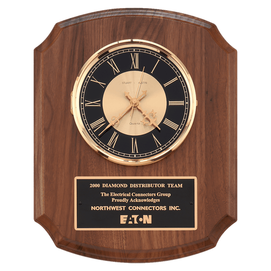 10 1/2" x 13" Walnut Quartz Clock, Brass Diamond Spun Bezel, Glass Lens, Black & Gold Dial