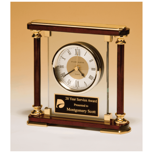 7" x 7" Glass and Rosewood Piano Finish Clock with Gold Metal Accents and Black Plate