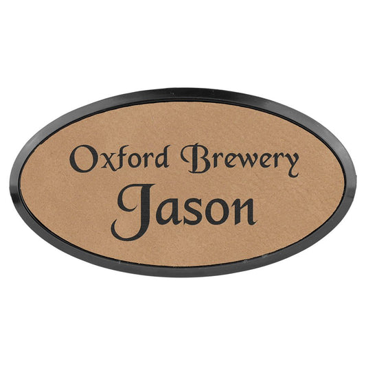 Light Brown 3" x 1 1/2" Laserable Leatherette Oval Badge & Frame