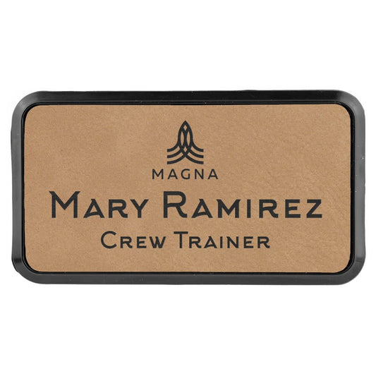Light Brown 3" x 1 1/2" Laserable Leatherette Round Corner Badge & Frame