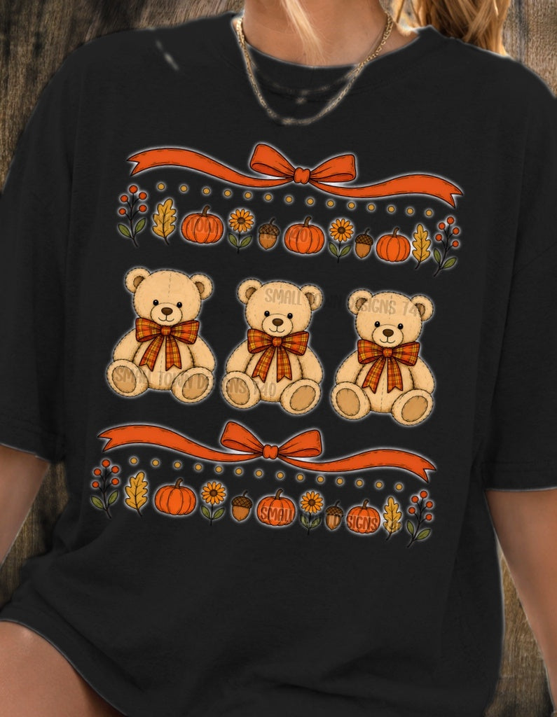 Fall Teddy Bear Trio DTF T-Shirt in black