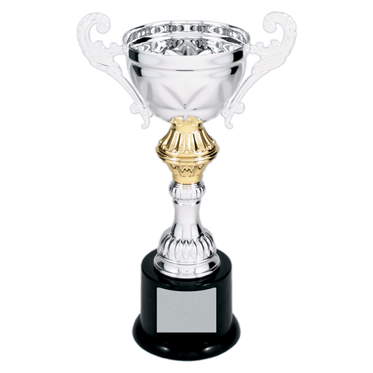 Silver 8 3/4" Completed Metal Cup Trophy on Plastic Base