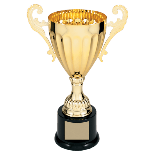 Gold 9 3/4" Completed Metal Cup Trophy on Plastic Base