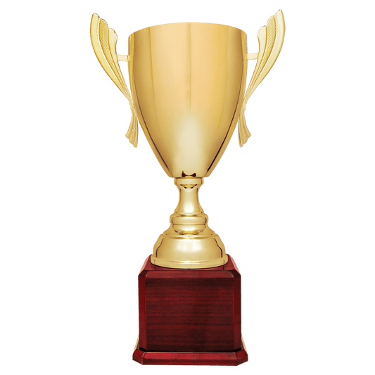 Gold Completed Metal Cup Trophy on Rosewood Royal 2 22" Piano Finish Base
