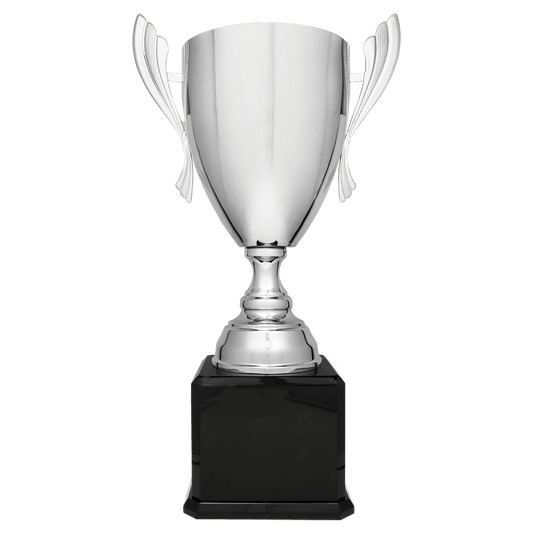 Silver Completed Metal Cup Trophy on Black Royal 2 24 3/4" Piano Finish Base