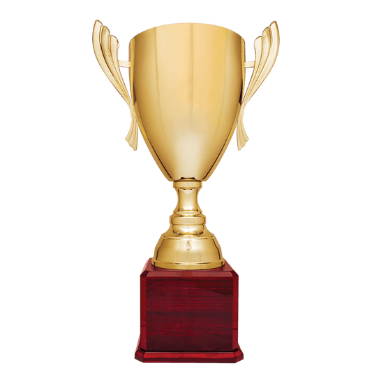 Gold Completed Metal Cup Trophy on Rosewood Royal 2 26 1/2" Piano Finish Base