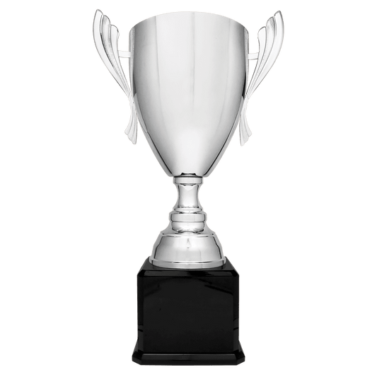 Silver Completed Metal Cup Trophy on Black Royal 2 26 1/2" Piano Finish Base