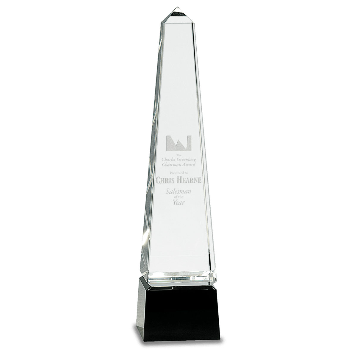 12" Obelisk Crystal on Black Pedestal Base