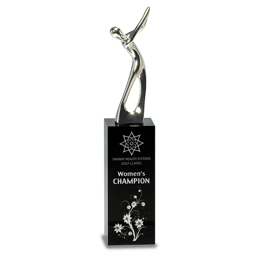 9 1/2" Silver Metal Golf Figure on Black Crystal Pedestal