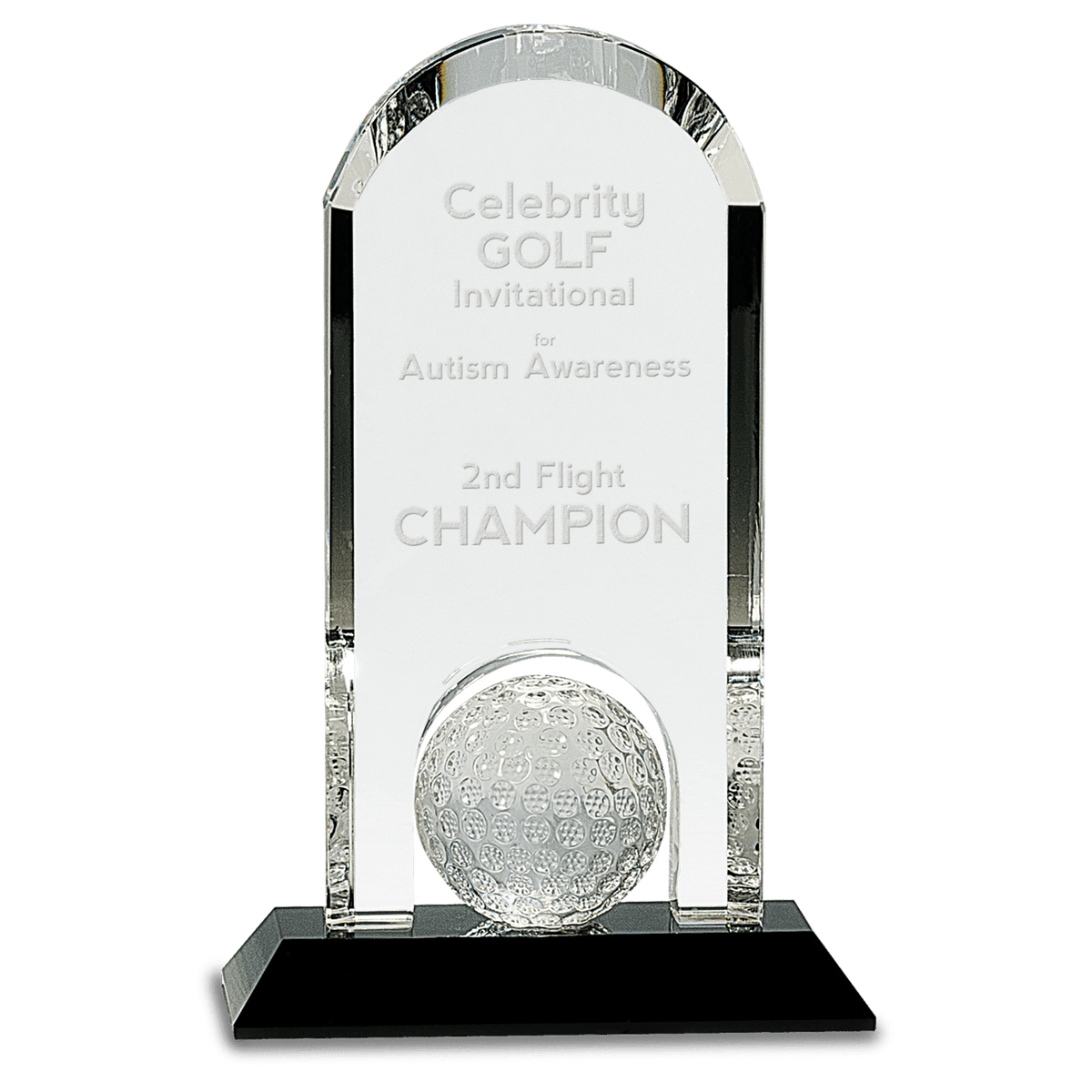 9" Clear Crystal Dome with Inset Golf Ball on Black Pedestal Base