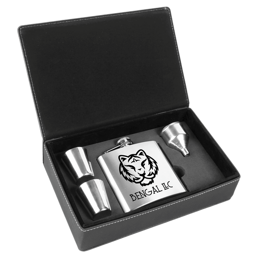 Stainless Steel Flask Set in Black/Silver 6 oz. Laserable Leatherette Box