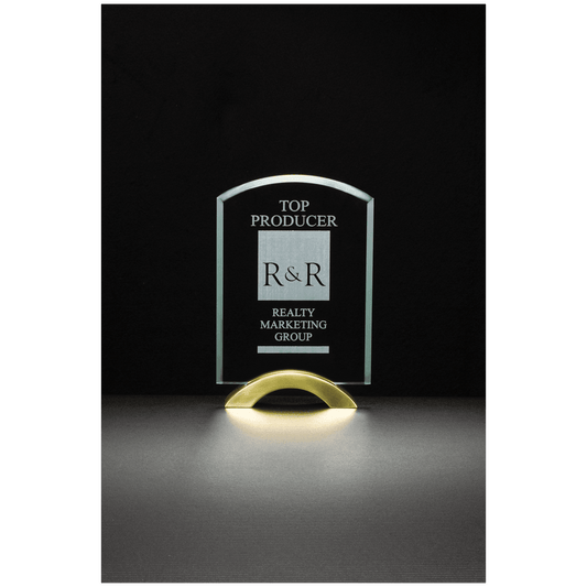 6" x 8 3/4"Arch Series Glass Award with Gold Metal Base