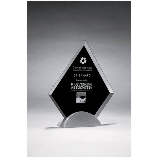 7 1/8" x 8 1/4" Diamond Shaped Glass Award, Black Silkscreen on Silver Metal Base