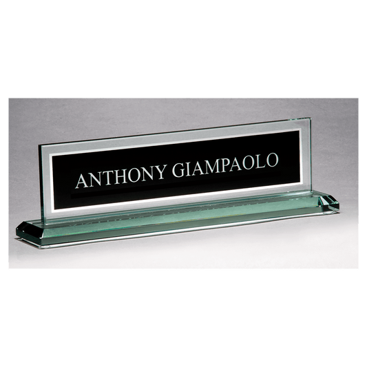 10" x 2 3/4" Glass Name Plate w/Black Silkscreened Engraving Area, Mirror Border