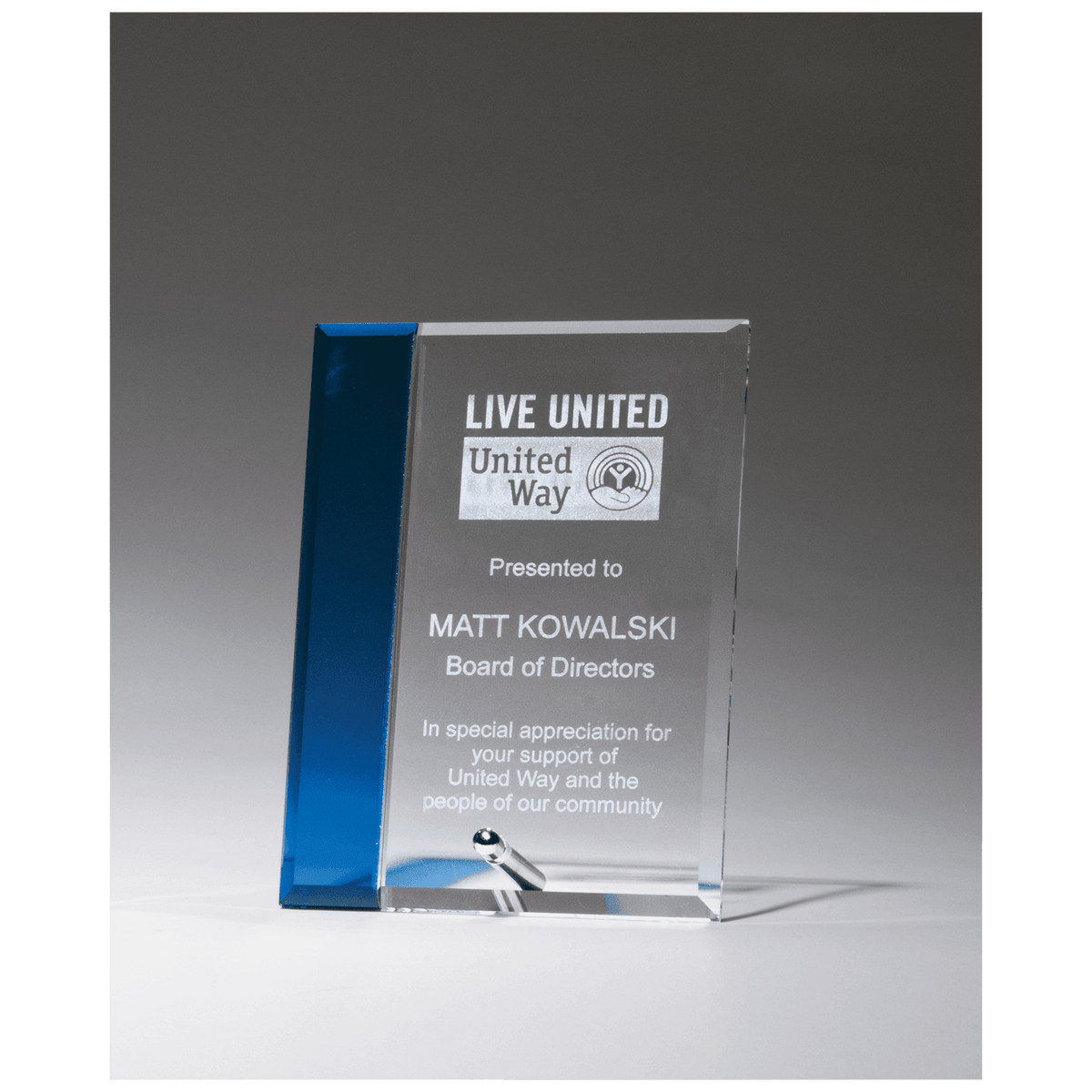 Clear Glass with Sapphire Blue Highlight and Silver 6" x 8" Plated Easel Post
