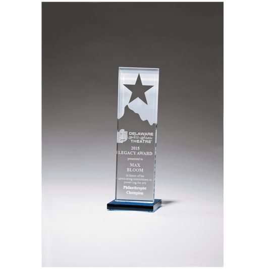 3 1/8" x 9 1/4" Etched Clear Glass Award with Star and Mountain Peak on Blue Glass Base