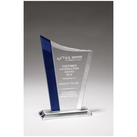 6 1/2" x 9 3/4" Zenith Series Clear Glass Award with Blue Glass Highlights