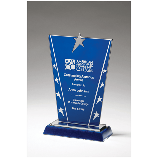 6 3/8" x 10 5/8" Constellation Series Glass Award with Blue Background with Chrome Plated Star