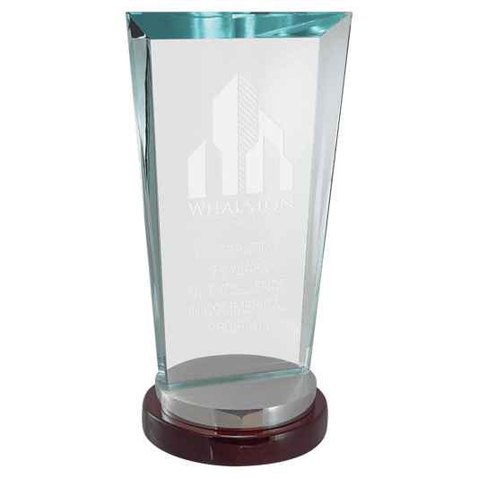 4 1/4" x 9 3/4" Premium Series Clear Glass Award with Rosewood and Aluminum Base
