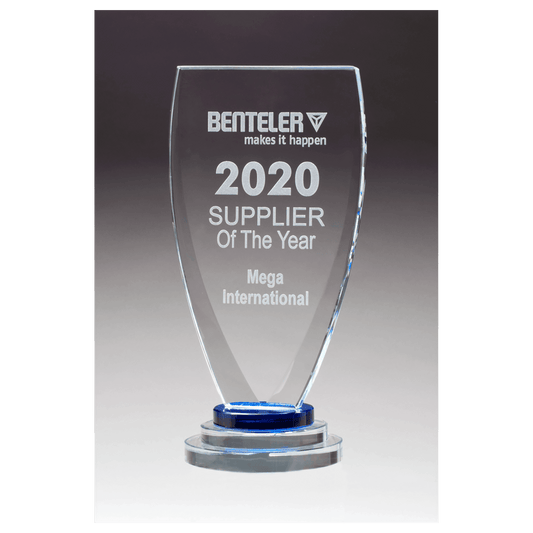 5" x 9 1/4" Chalice Series Sapphire Glass Award with Blue and Clear Glass Pedestal Base