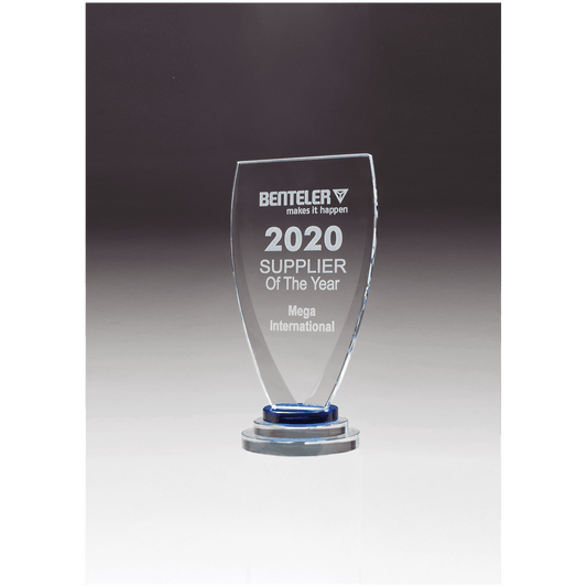 5 3/8" x 10 1/4" Chalice Series Sapphire Glass Award with Blue and Clear Glass Pedestal Base