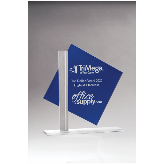 8" x 8 3/8" Diamond Series Blue Silkscreened Glass with Brushed Aluminum Post and Base