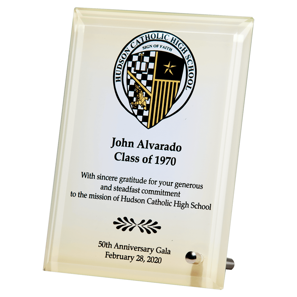 5" x 7" Sublimated Glass Plaque with Silver Post for Portrait or Landscape Prsentation