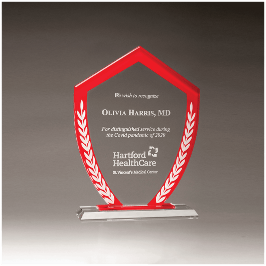 6 5/8" x 8 7/8" Shield Shaped Glass Award with Red Border and White Laurel Leaves
