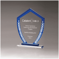 6 5/8" x 9" Shield Shaped Glass Award with Blue Border and White Laurel Leaves