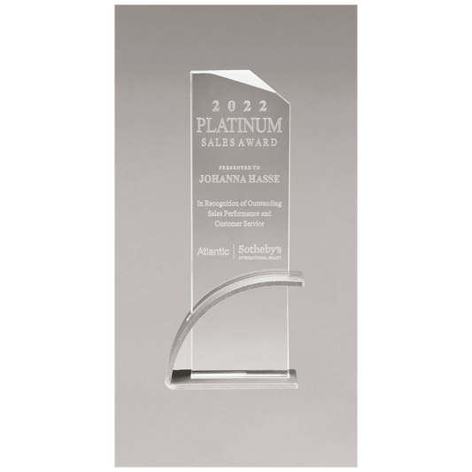 8 7/8" x 9 3/8" x 1/2" Thick Silver Contemporary Clear Glass Award, Arched Base with Matte Metallic Finish
