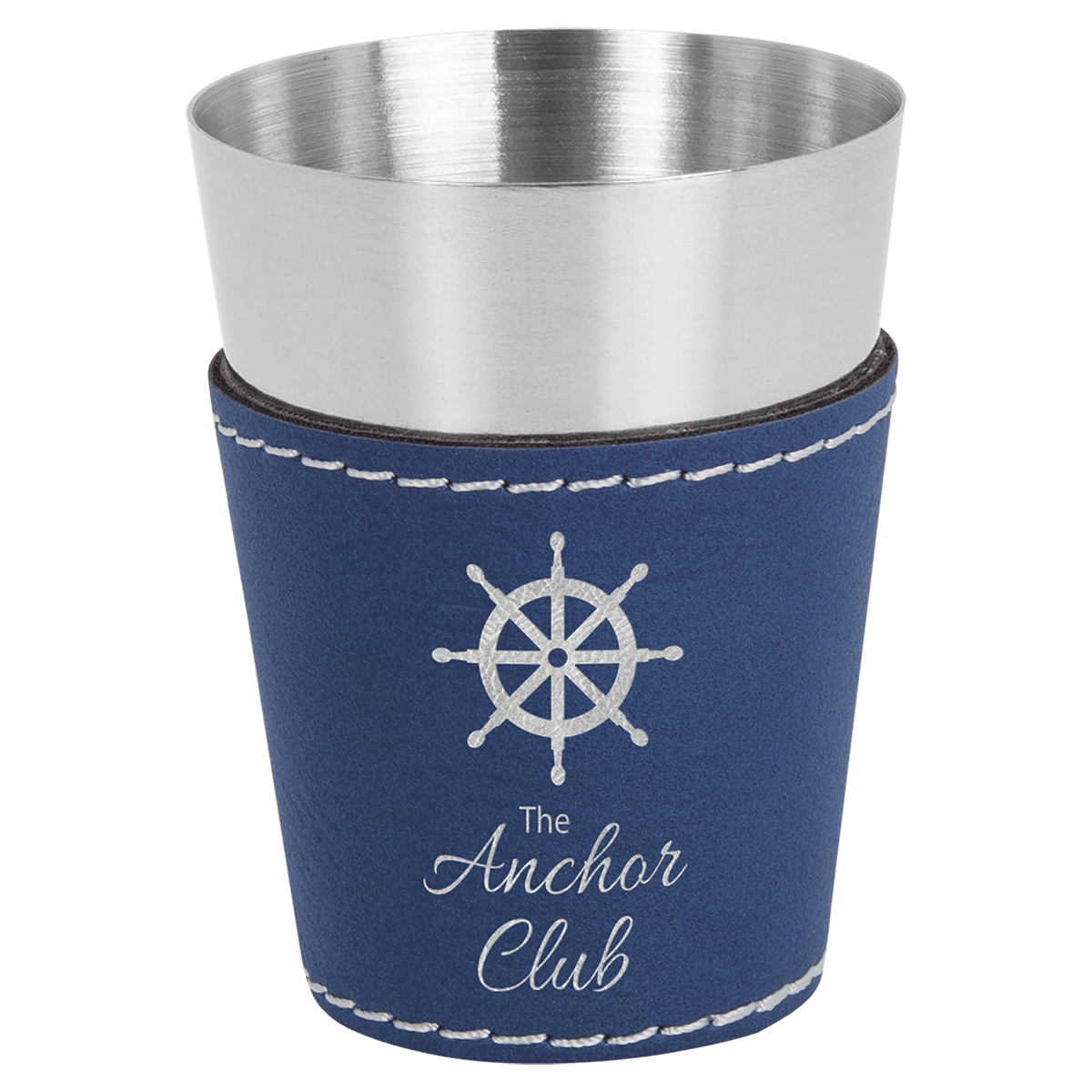 Blue/Silver 2 oz. Laserable Leatherette & Stainless Steel Shot Glass
