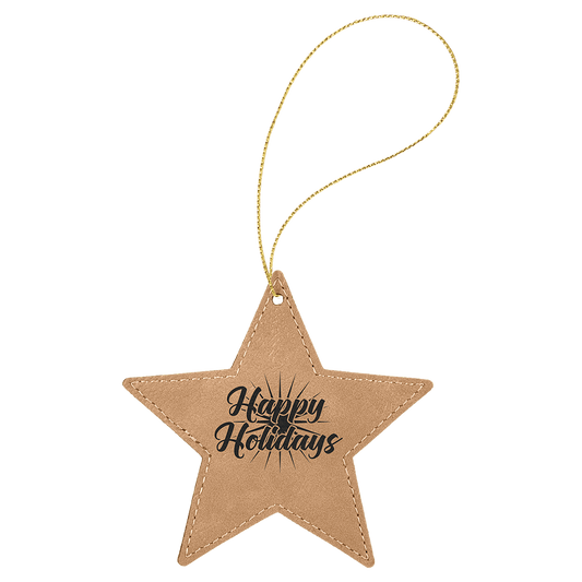 Light Brown Gold Laserable Leatherette Star Ornament with String